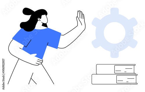 Woman holds hand in stop gesture next to large gear and books, symbolizing boundaries, decision-making, knowledge, and process management. Ideal for education, control, boundaries, strategy