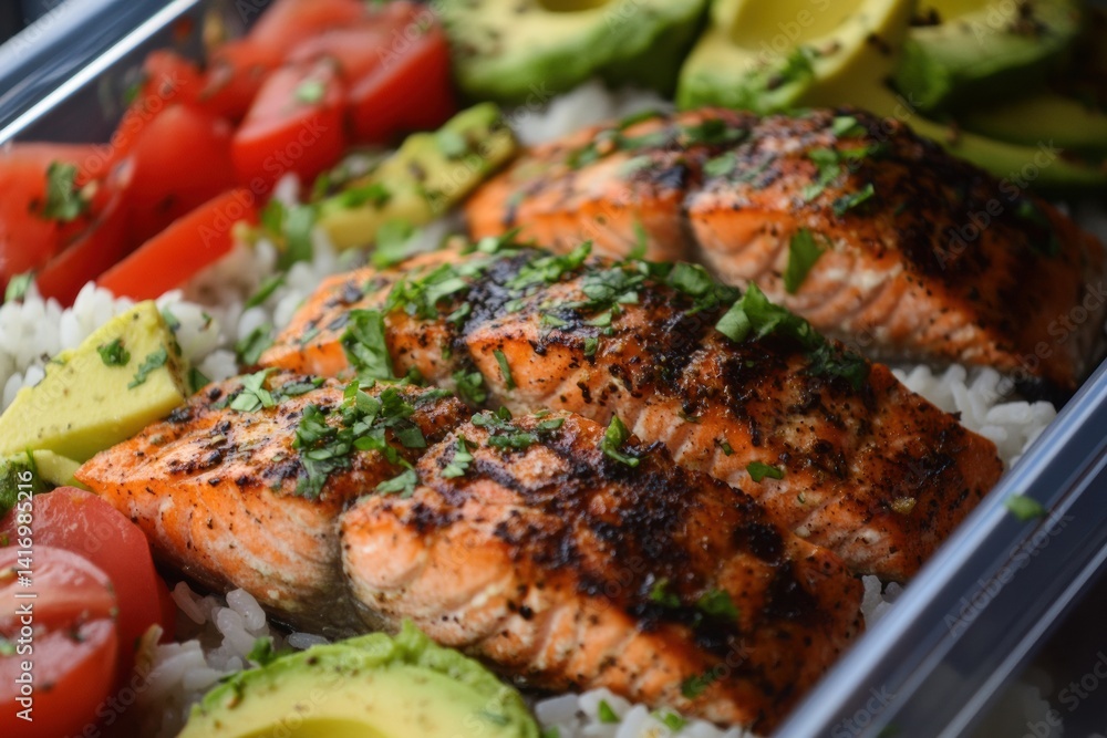 Grilled salmon with avocado, tomatoes, and rice garnished with cilantro Grilled salmon with avocado, tomatoes, and rice garnished with cilantro