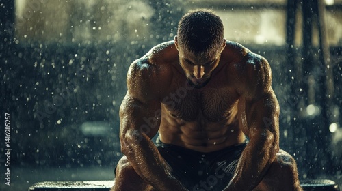 A muscular man sits on a bench in the gym, resting between sets, his arms glistening with sweat.