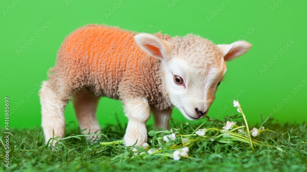 Naklejka premium Adorable lamb nibbles on spring wildflowers.