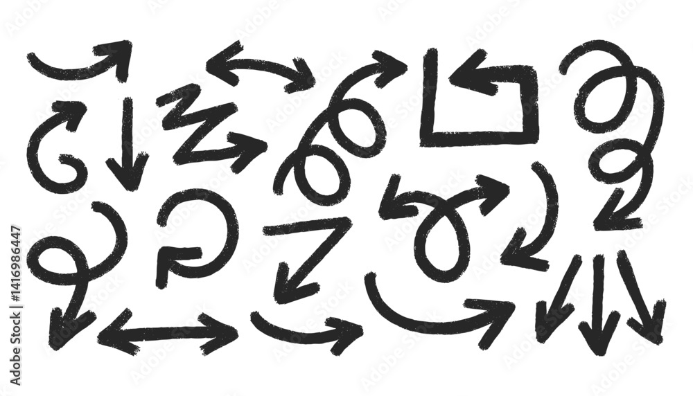 Pencil brush arrows. Doodle sketchy arrow scribbles, hand drawn pointers simple marker ink direction signs in different directions, rough arrows design elements. Vector arrow set Pencil brush arrows. Doodle sketchy arrow scribbles, hand drawn pointers simple marker ink direction signs in different directions, rough arrows design elements. Vector arrow set