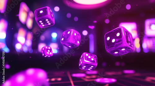 Casino Dice: A captivating image of casino dice soaring through the air, illuminated by soft, inviting, neon lights, creating a sense of anticipation and risk.