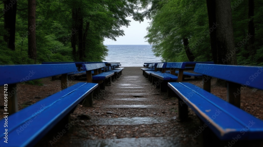 Obraz premium Empty park benches line a path to a lake