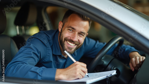 Happy Auto Mechanic Writing Down Vehicle Problems on Notepad
