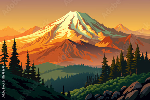 A Hazy Mount Rainier sunset at dusk from Naches peak landscape with beautiful sky
