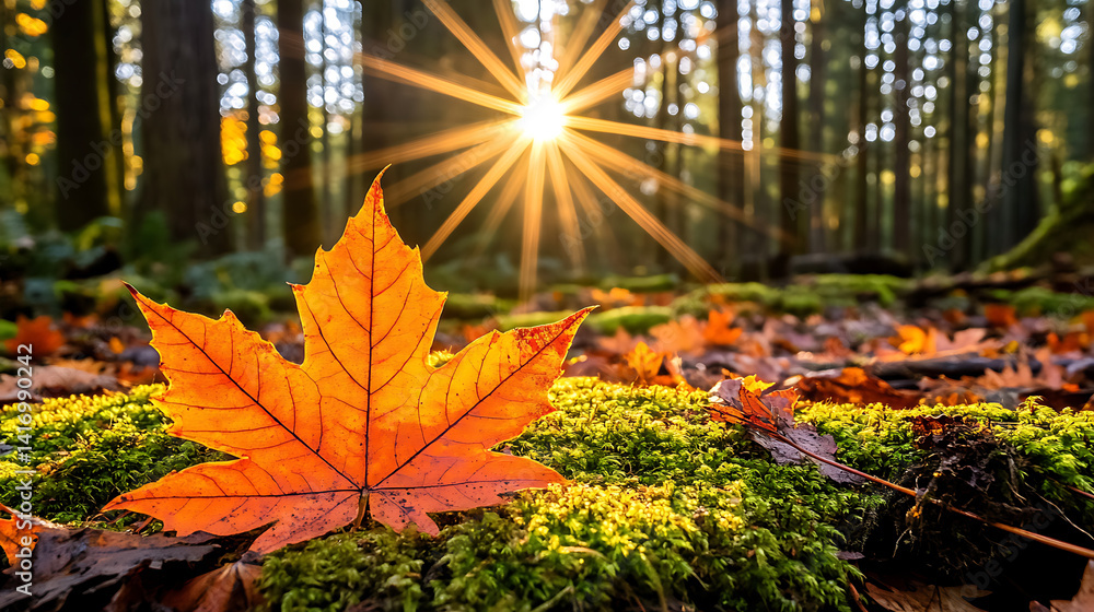 Maple leaf rests on moss in sunlit autumn forest setting Maple leaf rests on moss in sunlit autumn forest setting