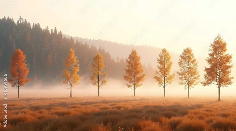 Golden Autumn Trees in Misty Meadow Landscape