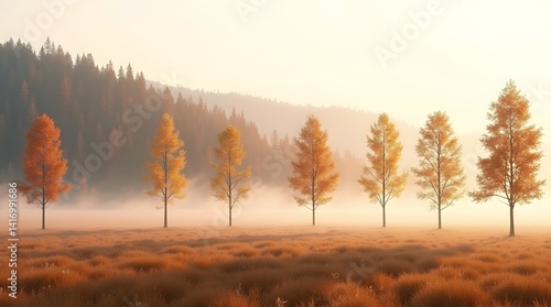 Obraz na płótnie Golden Autumn Trees in Misty Meadow Landscape w salonie