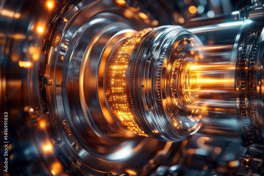 A complex shiny metallic engine with illuminated inner workings shown A complex shiny metallic engine with illuminated inner workings shown