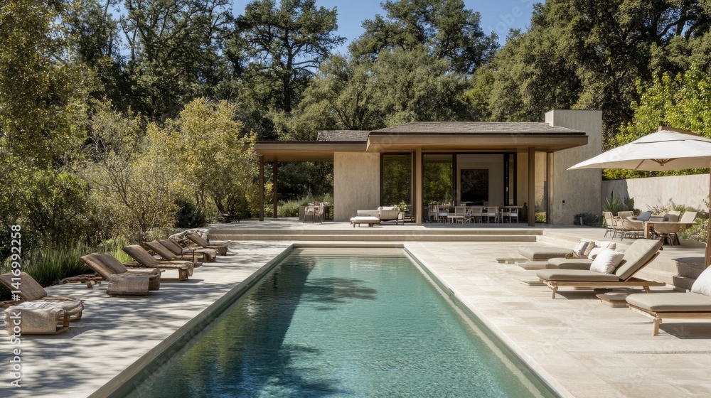 Fototapeta premium A contemporary open-air pool scene with minimal furnishings, clean-lined architecture, and a chic neutral color scheme