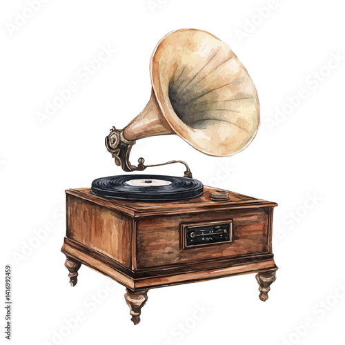 Wooden Gramophone Cabinet, watercolor vector, isolated on a white background.