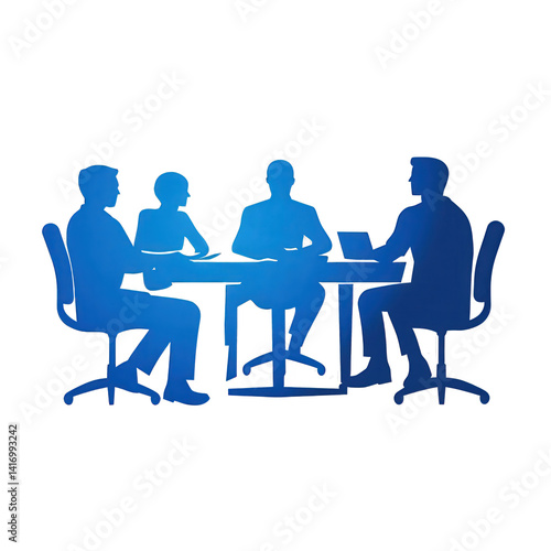 Group of four diverse professionals engaged in a collaborative meeting around a table, discussing strategies with digital devices present , isolated on white or transparent png