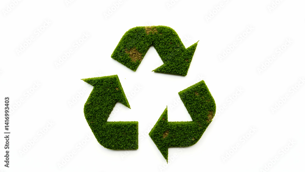 Obraz premium Net Zero A top-down view of a recycling symbol made from crushed plastic items, set on a green mossy surface to contrast artificial and natural elements, Isolate, White Background (3)