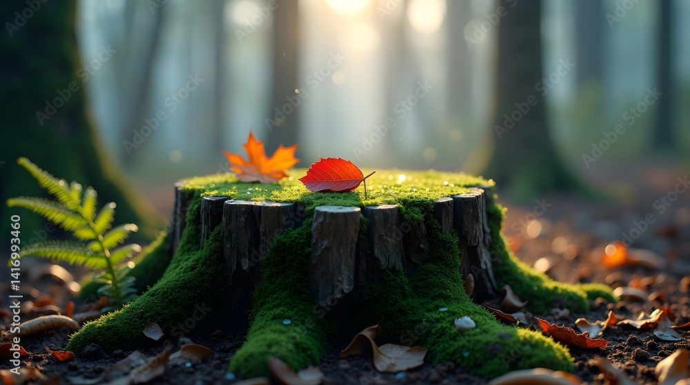 Autumnal Forest Scene Mossy Tree Stump with Red and Orange Leaves
