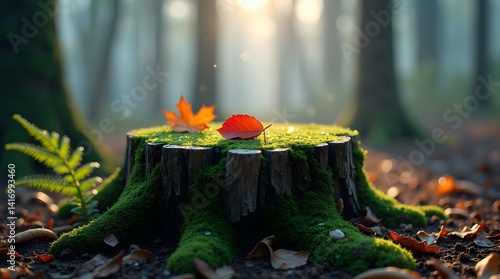 Obraz na płótnie Autumnal Forest Scene Mossy Tree Stump with Red and Orange Leaves w salonie
