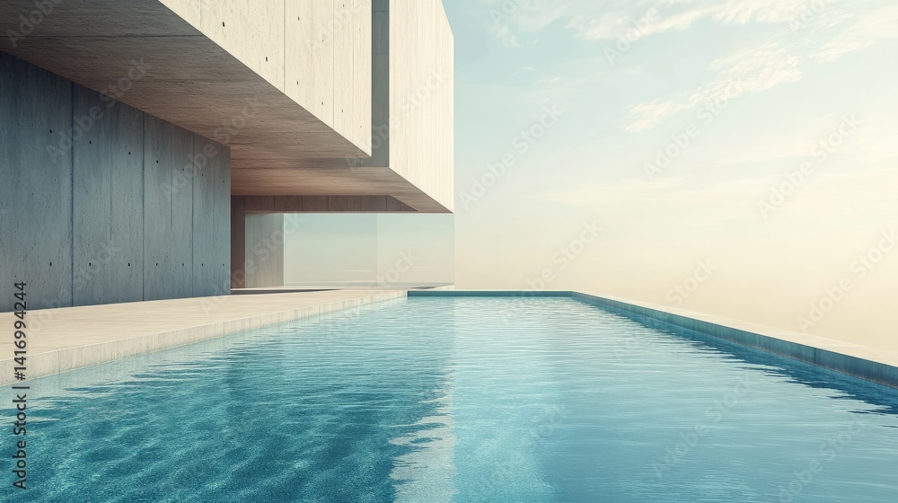 Contemporary minimalist pool area with clean lines, smooth concrete surfaces, and minimal decor under soft daylight Contemporary minimalist pool area with clean lines, smooth concrete surfaces, and minimal decor under soft daylight