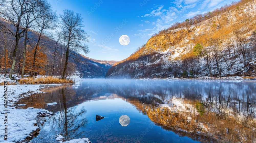 Fototapeta premium Winter Lake, Full Moon, Misty Reflection - Winter Wonderland: The i.