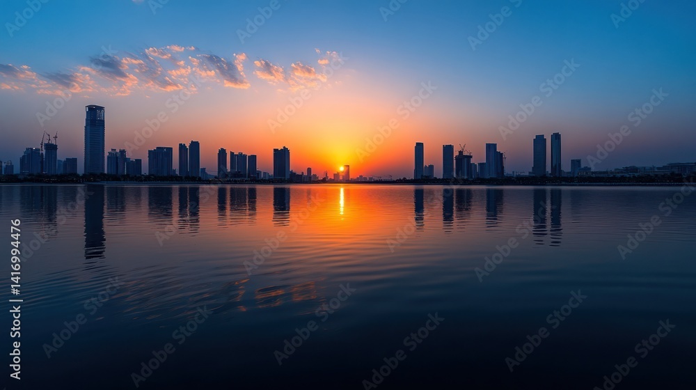 Fototapeta premium Sunset cityscape reflection, lake, urban skyline