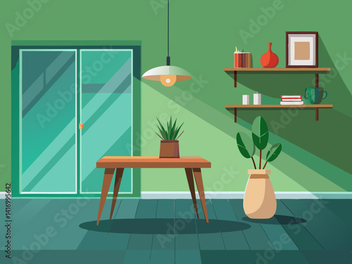 vector of Embrace minimalist chic, with a sage green wall as the focal point of a monochromatic room, accented with a sleek wooden table, an atmosphere of simplicity and...