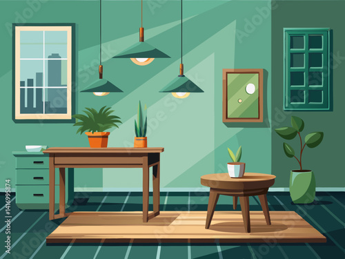 vector of Embrace minimalist chic, with a sage green wall as the focal point of a monochromatic room, accented with a sleek wooden table, an atmosphere of simplicity and...