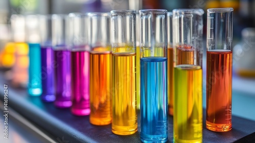 A vibrant array of colorful chemical solutions in glass test tubes