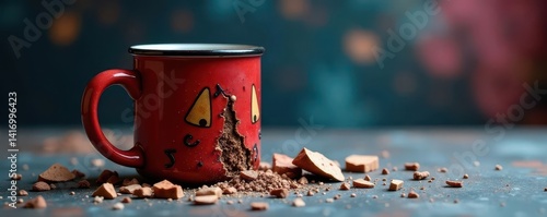 Shattered mug, detached handle, scattered fragments, tableware, damage