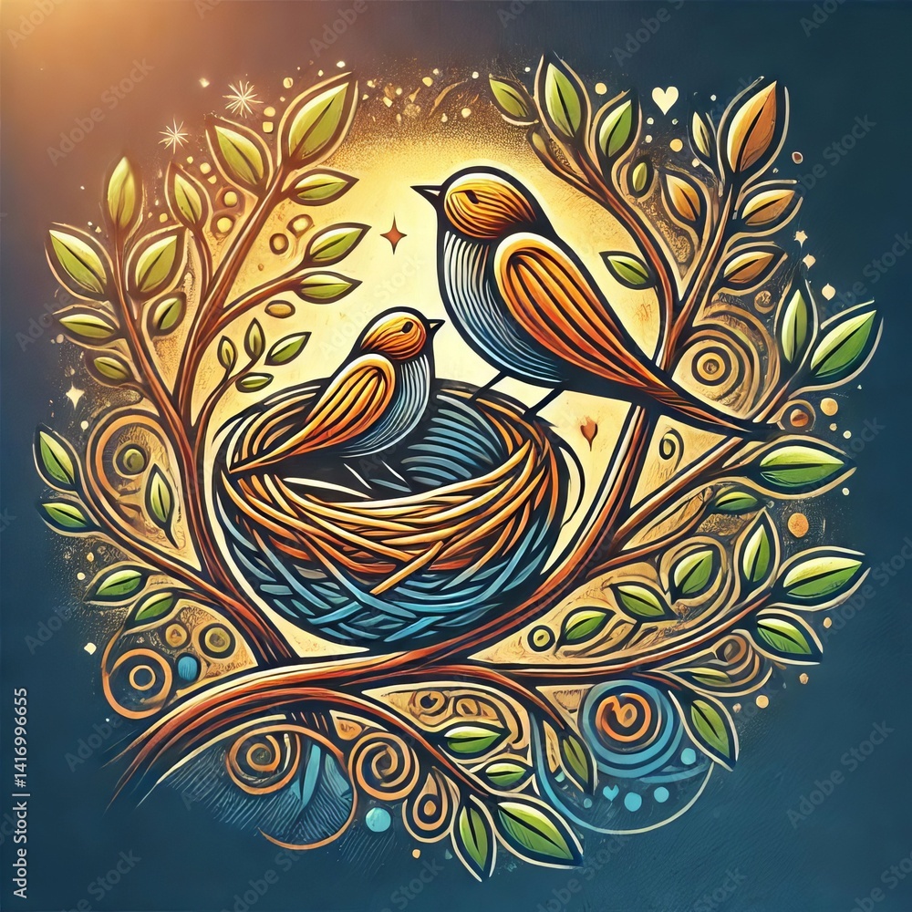 Fototapeta premium Branches with Bird Nests Represents a relationship