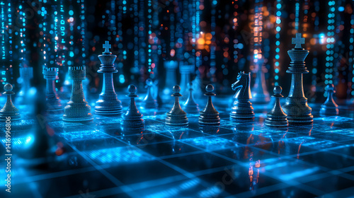 Digital Chessboard: A futuristic chessboard glows with digital data streams, chess pieces poised for a strategic battle in a high-tech, abstract setting.