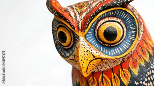 Hand painted Wooden Owl Figurine Close up Vivid Colors Folk Art Bird Statue
