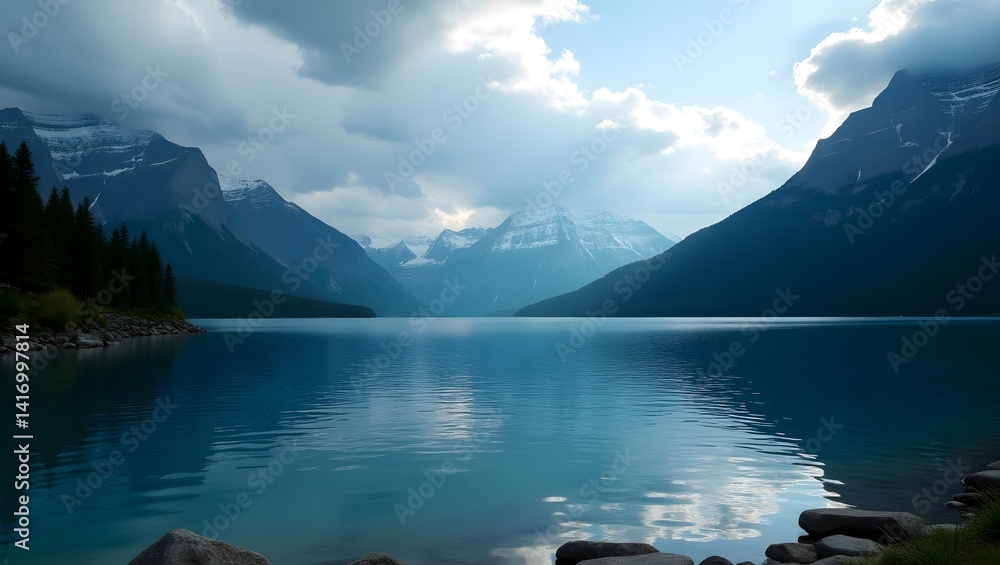Serene Mountain Lake Landscape Calm Water Majestic Peaks Cloudy Sky