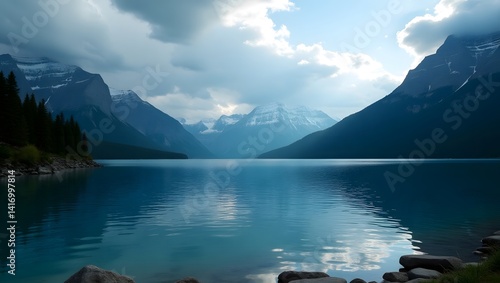 Obraz na płótnie Serene Mountain Lake Landscape Calm Water Majestic Peaks Cloudy Sky w salonie