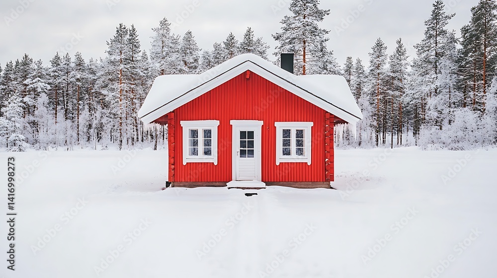 Red cabin in snowy forest Red cabin in snowy forest