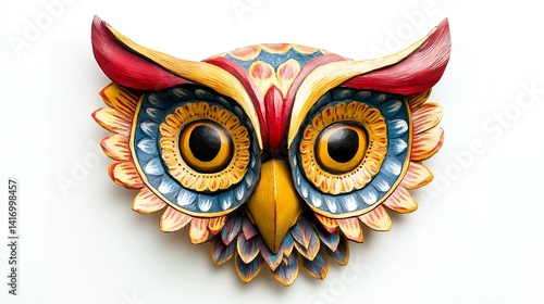 Vibrant Hand Carved Wooden Owl Mask Folk Art Colorful Bird Decoration