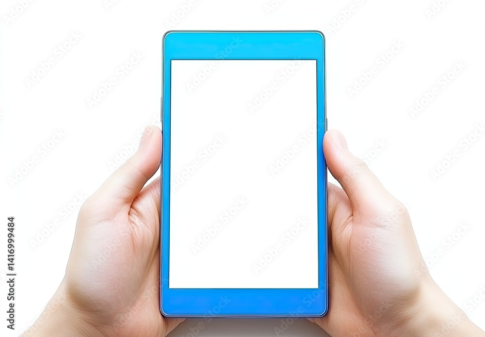 Hands holding a blue tablet with blank screen Hands holding a blue tablet with blank screen
