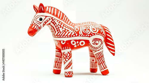 Hand painted Red Wooden Horse Figurine with White Ethnic Design A Unique Decorative Craft