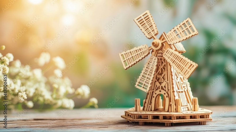 Fototapeta premium Wood windmill sits on a table. Sunlight and flowers in the background