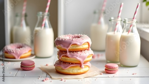 Obraz na płótnie Pink Donuts Milk Bottles Macarons Sweet Treats w salonie