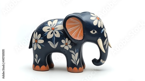 Hand painted Dark Blue Elephant Figurine with Floral Design Home Decor Ornament