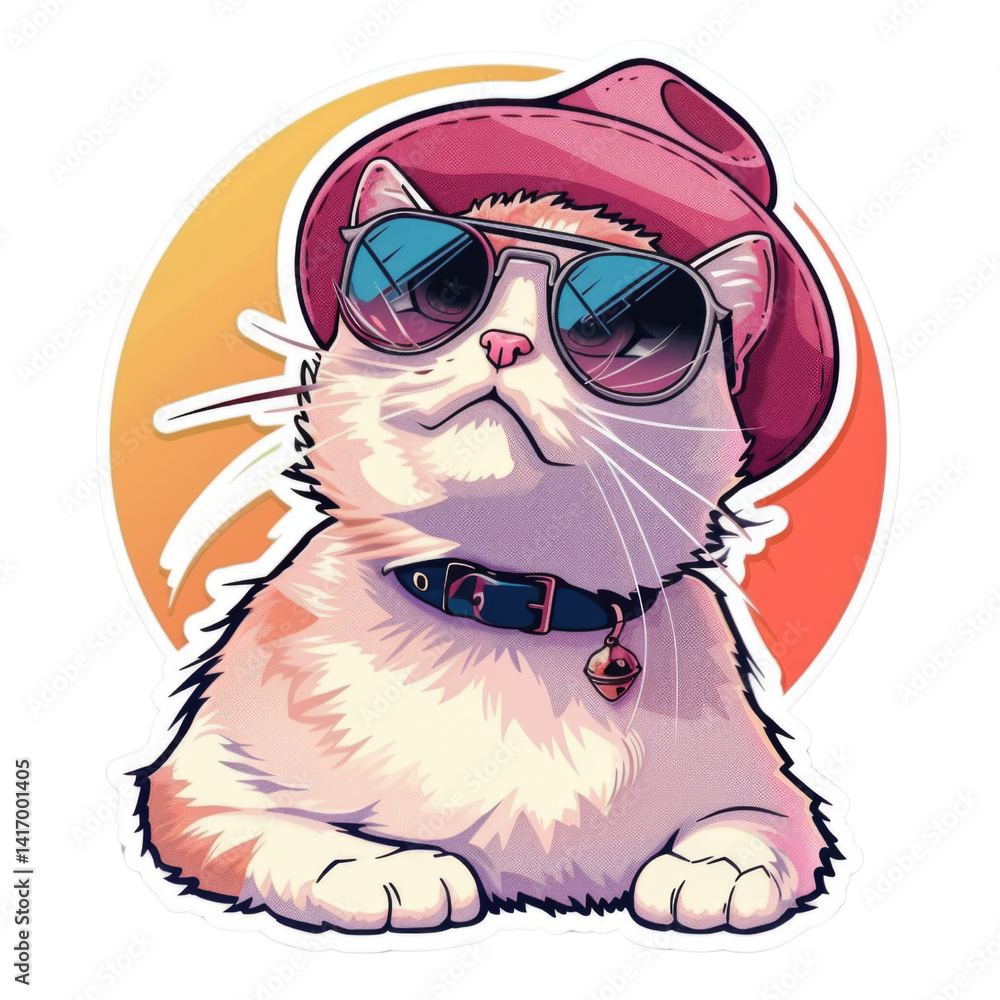 Naklejka premium Cute cat wearing a hat and sunglasses, sun-inspired design.
