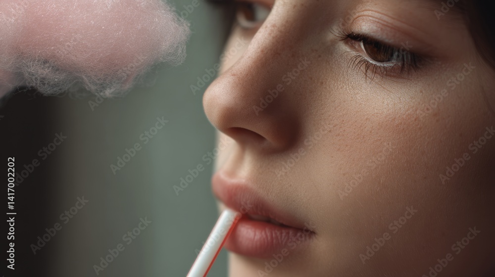 custom made wallpaper toronto digitalA young woman takes a contemplative sip from a drink with a straw, surrounded by playful wisps of pink cotton candy.