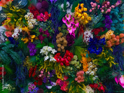 Bright floral background with beautiful, colorful flowers. A beautiful wall of bright, colorful flowers.