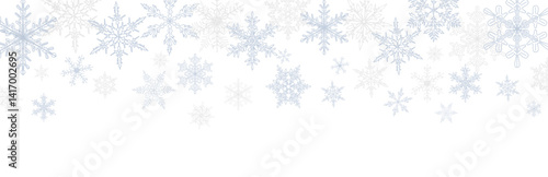 Abstract Christmas background with blue and silver snowflakes border and copy space for text. Winter snow. Overlay, banner, cover. Realistic vector illustration isolated on white background.