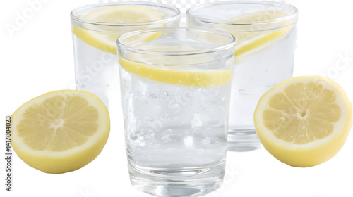 A refreshing summer cocktail in a glass with ice cubes, garnished with a slice of lime, set against a clean white background, evoking a chill and vibrant vibe.

