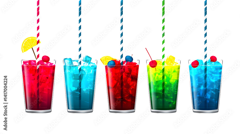 A refreshing summer cocktail in a glass with ice cubes, garnished with a slice of lime, set against a clean white background, evoking a chill and vibrant vibe.