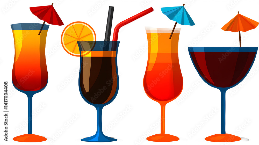 A refreshing summer cocktail in a glass with ice cubes, garnished with a slice of lime, set against a clean white background, evoking a chill and vibrant vibe.