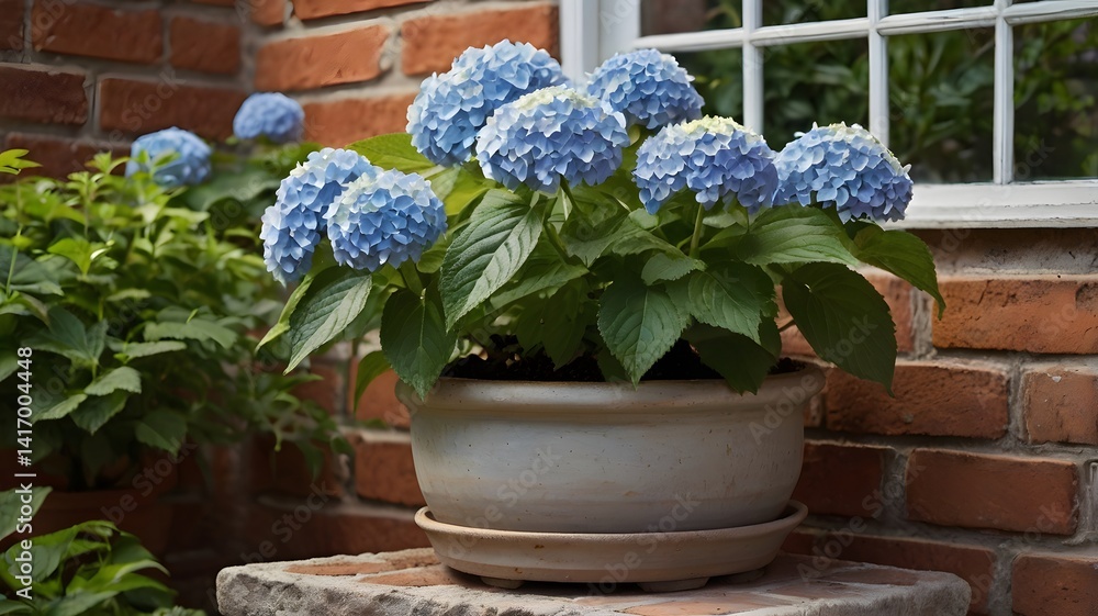 Blue Hydrangea in Pot Brick Wall Background Garden Flowers