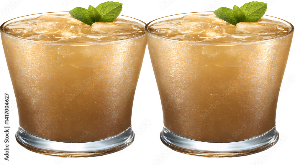 A refreshing summer cocktail in a glass with ice cubes, garnished with a slice of lime, set against a clean white background, evoking a chill and vibrant vibe.