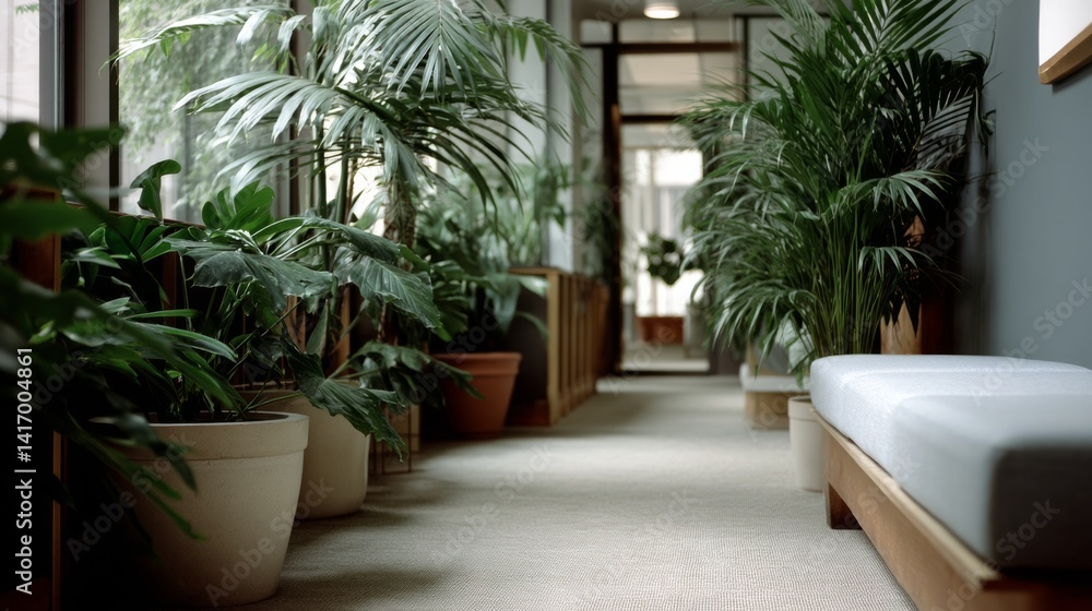 Fototapeta premium A hallway lush with potted plants, bathed in natural light, creates a tranquil, tropical oasis indoors.