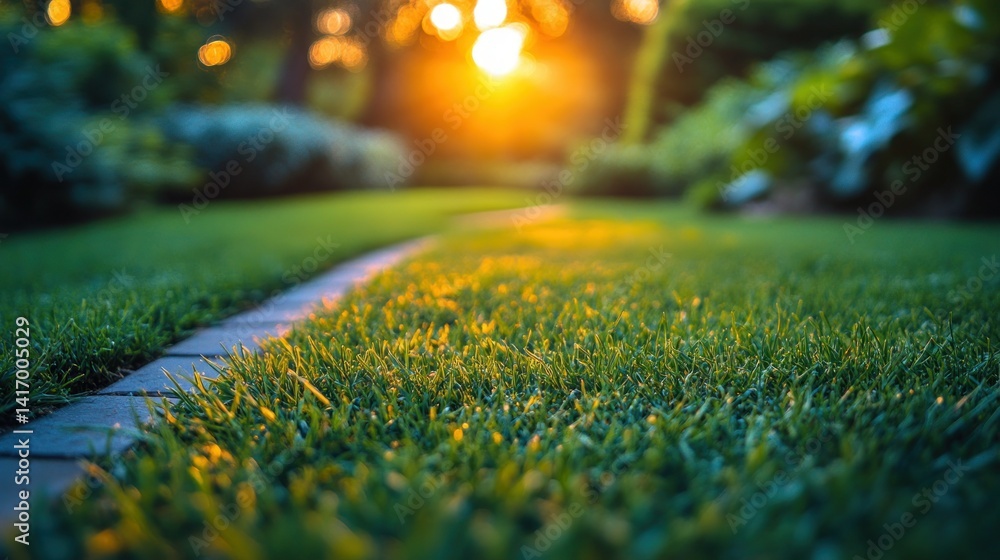 Lush green grass path at sunset