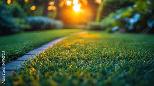 Obraz na płótnie Lush green grass path at sunset w salonie